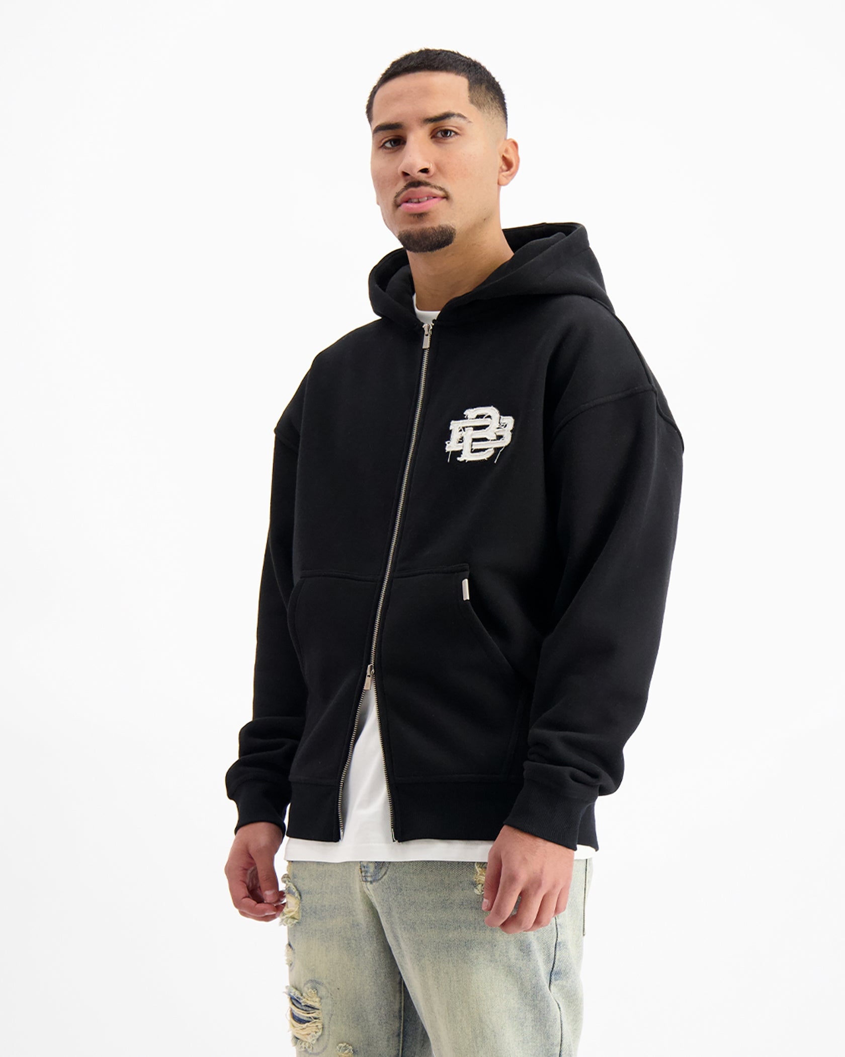RIPPED ZIP HOODIE | Schwarz