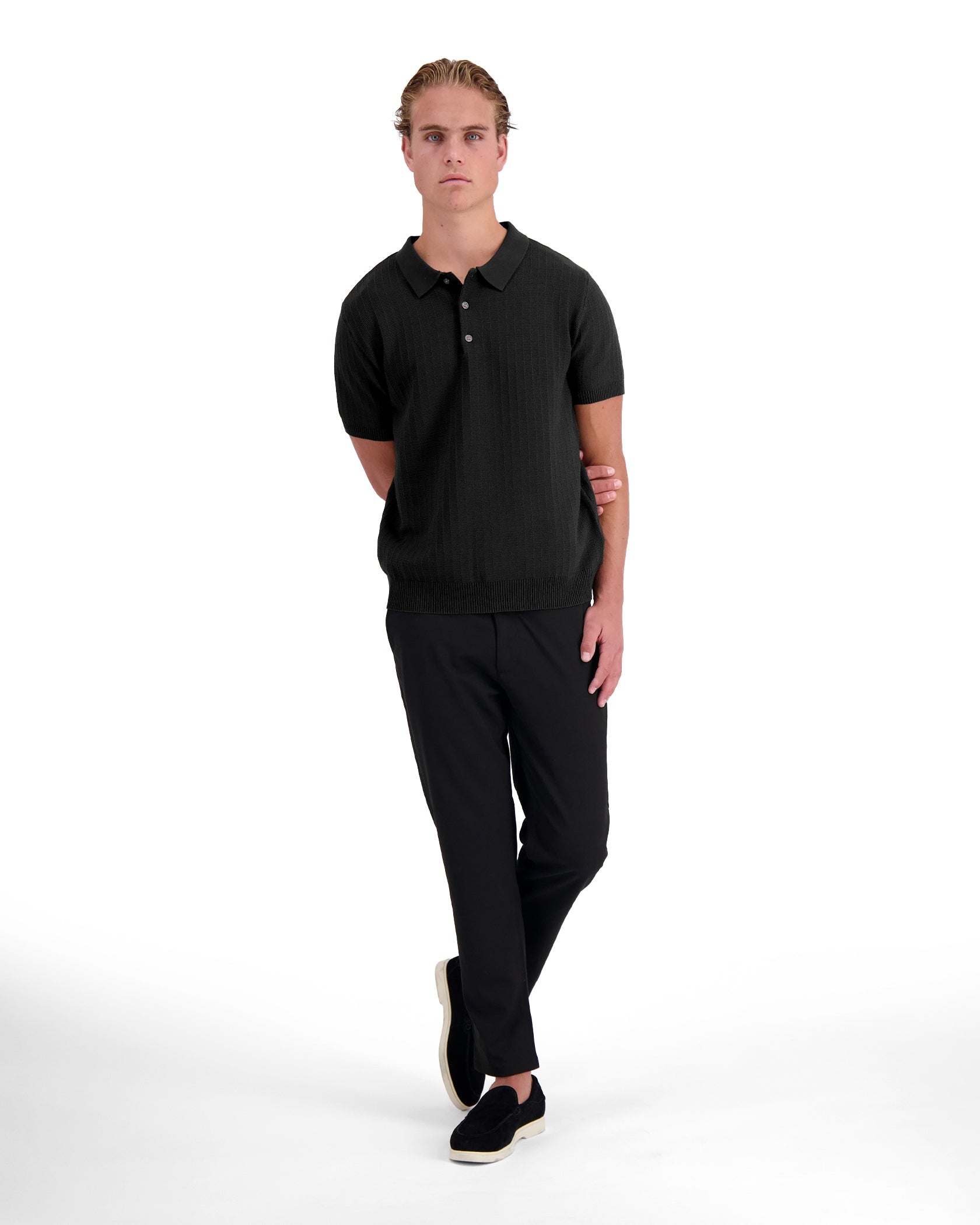 RIBBED KNIT POLO | Schwarz