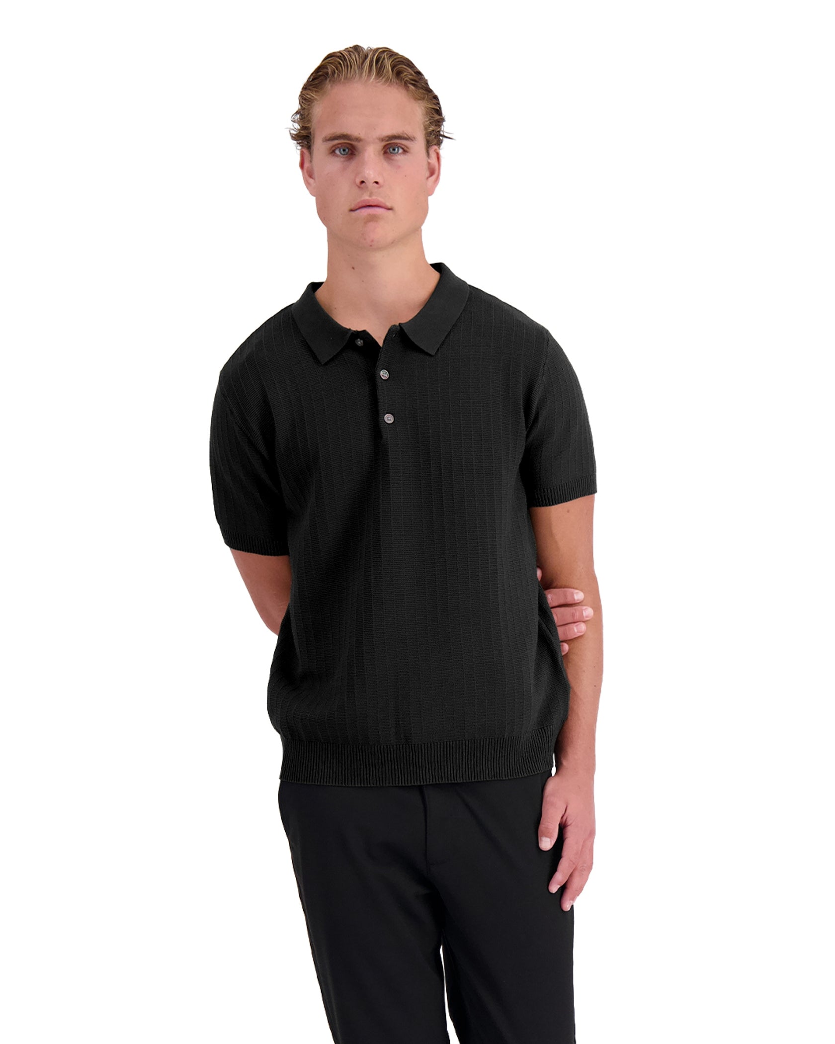 RIBBED KNIT POLO | Schwarz