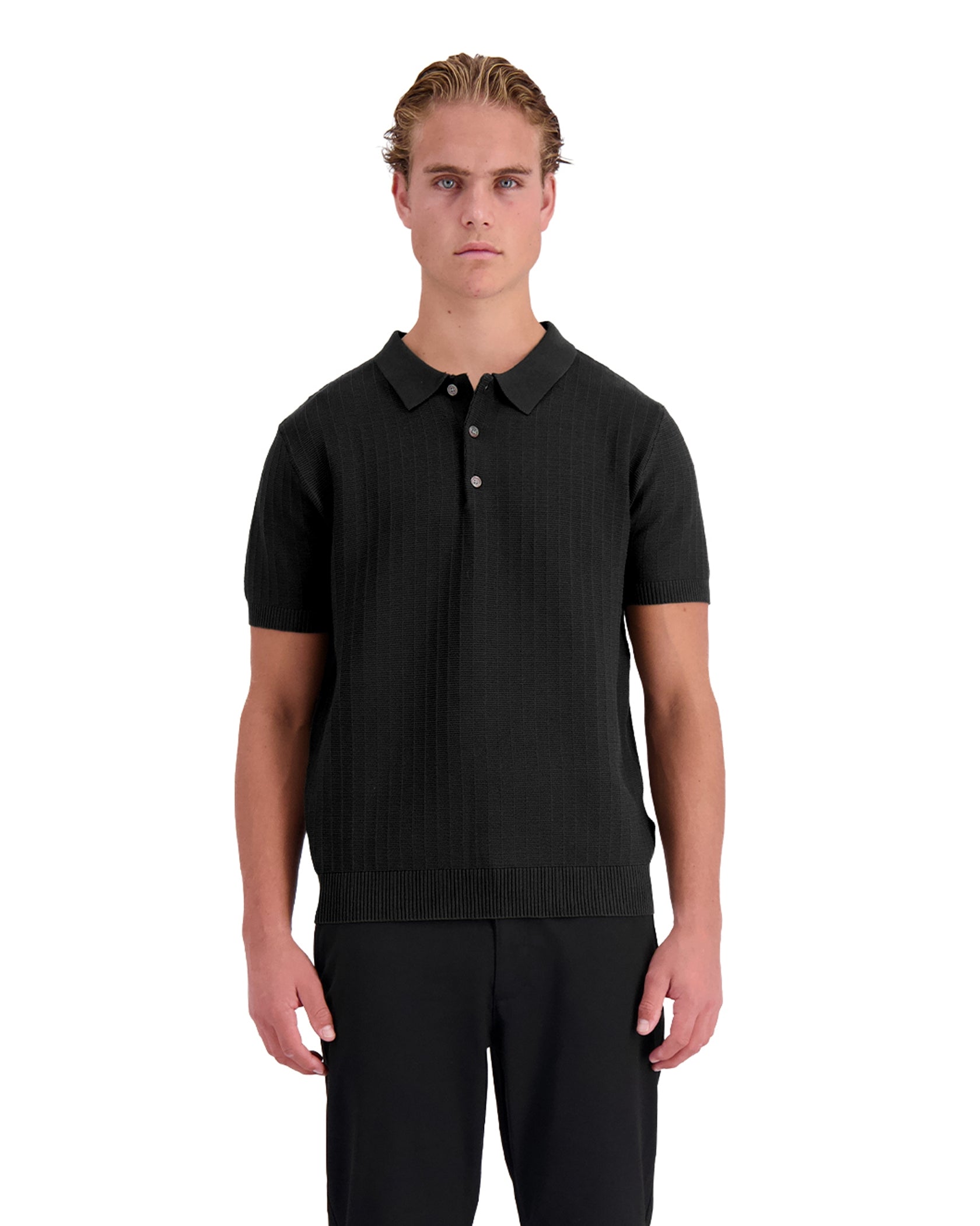 RIBBED KNIT POLO | Schwarz