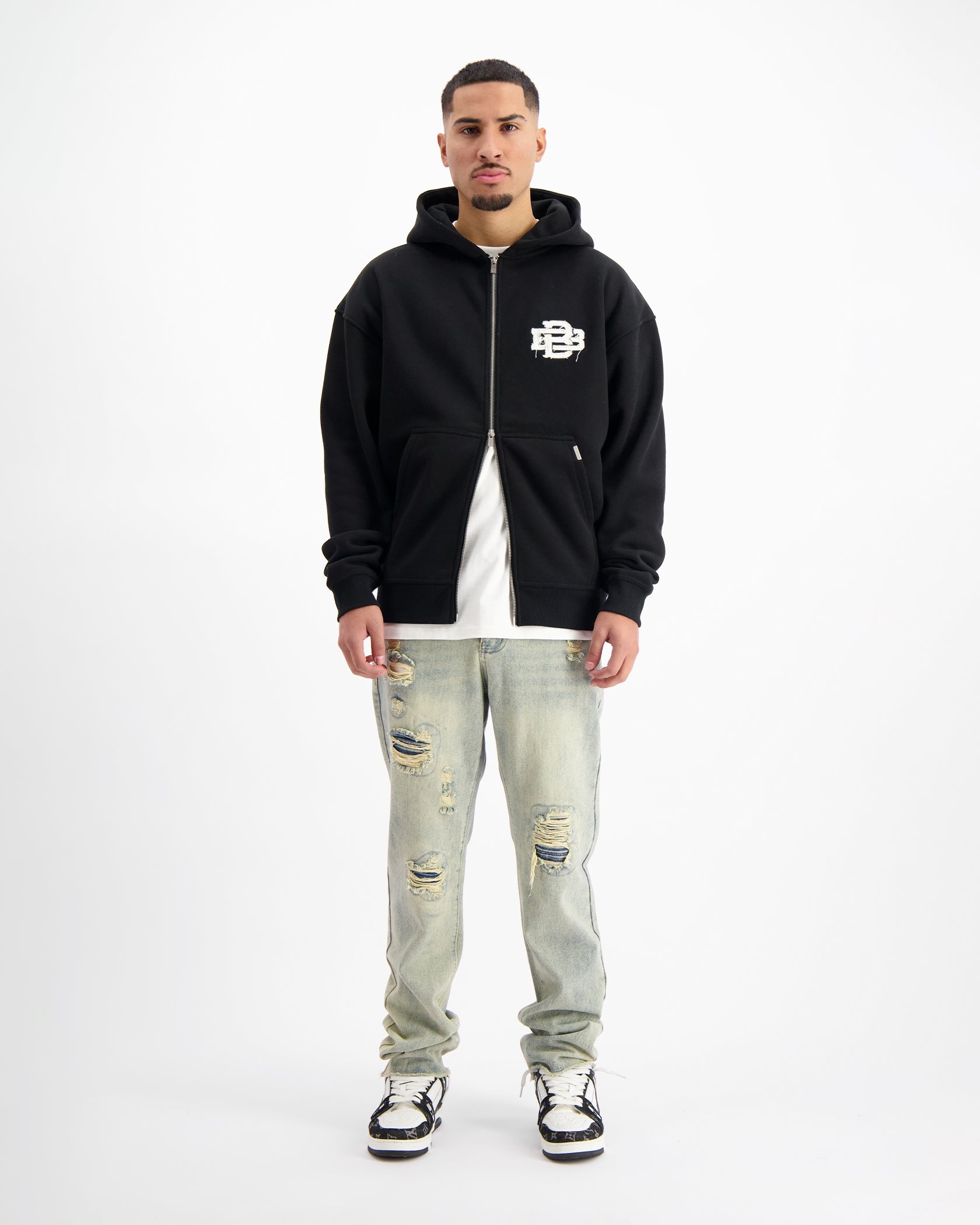 RIPPED ZIP HOODIE | Schwarz